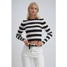 Lijuri Çizgili Desen Crop Triko Kazak 1400