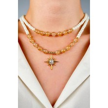 Sose Moda Kuzey Yıldızı Uçlu Çift Sıra Incili Kolye - Turuncu