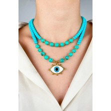 Sose Moda Göz Uçlu Turkuaz Boncuk Çift Sıra Kolye - Turkuaz