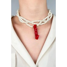 Sose Moda Mercan Uçlu Sarmal Incili Kolye - Beyaz