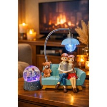 Kesene Sevgiliye 2'li Biblo Seti Romantik Çift Temalı Masa Lambası ve Işıklı Kar Küresi Gece Lambası Mavi