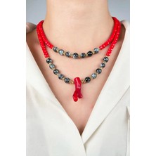 Sose Moda Doğal Mercan Uçlu Boncuk Çift Sıra Kolye - Kırmızı