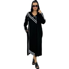 DARKWIN Büyük Beden Kapüşonlu Şerit Detaylı Uzun Kollu V Yaka Cepli Uzun Kadın Elbise