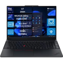 Lenovo Thinkpad E16 Gen 3 Intel Core Ultra 7 255H 16GB Ddr5 512GB SSD Windows 11 Pro Intel Arc 140T 16 Inç Wuxga (1920 x 1200) IPS  Taşınabilir Bilgisayar 21SR006RTX+ Mouse Hediyeli 21SR006RTXOX02