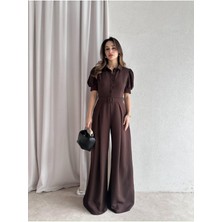 Moda Durağı Steffy Tulum Kadın Viskoz Kahverengi Kemerli Düz Kesim Rahat Stil