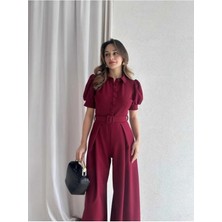 Moda Durağı Steffy Premium Tulum Bordo Kısa Kol Pamuk Kumaş Cepsiz Gömlek Yaka Şık Tasarım