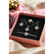 Aurrari Silver Pembe Zirkon Taşlı Kolye Küpe Bileklik Yüzük Seti ve Hediye Kutusu Sevgililer Günü