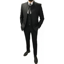 Slimfit Dar Kesim Dik Yaka Yelekli Takım Elbise