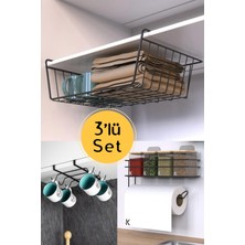 Karteya 3'lü Avantajlı Set Kanguru, 10 Kancalı Kupa Askılığı, Havlulu Raf Siyah Set