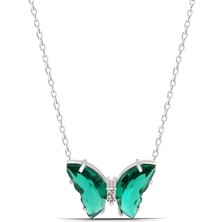 Ekonomik Sepeti Gümüş Zirkon Taşlı Zümrüt Yeşili Kelebek Çelik Kolye