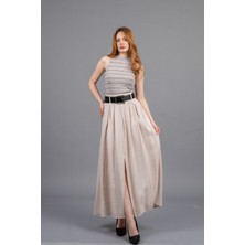 MissVina Kemerli Beli Lastikli Maxi Uzun Etek 6856