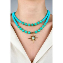 Sose Moda Kuzey Yıldızı Uçlu Iki Sıra Inci Kolye - Turkuaz