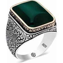 Gumush ​gümüş Koyu Yeşil Akik Taşlı Köşeli Erkek Yüzük