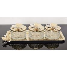 Atabey Home Collection 3'lü Kelebekli Gold Tepsili Kase Seti & Şekerlik & Sunumluk & Çerezlik