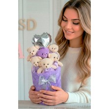 Sole Sevgililer Gününe Özel: Deluxe Lila Peluş Silindir Kutuda, Kalpli Balonlu 6’lı Lila Ayıcık Buketi - Sevdiğine Hediye