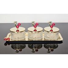 Atabey Home Collection 3'lü Kirazlı Gold Tepsili Kase Seti & Şekerlik & Sunumluk & Çerezlik