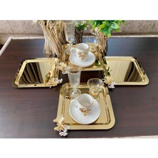 Atabey Home Collection 6 Adet Kahve & Çay & Sunum Tepsisi Gold Tepsi Kelebek Dökümlü