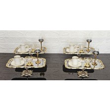 Atabey Home Collection 6 Adet Baton Gümüş Sunum Tepsisi Gold Gül Çerçeveli & Kahve & Çay Tepsisi 32CM