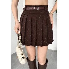 Asfa Moda Kadın Kahverengi Taşlı Pırıltı Iç Astar Şortlu Kemerli Pileli Etek