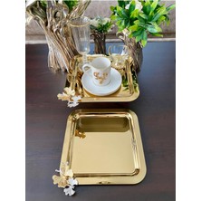 Atabey Home Collection 2 Adet Kahve & Çay & Sunum Tepsisi Gold Tepsi Kelebek Dökümlü