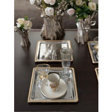 Atabey Home Collection 2 Adet Kahve & Çay & Sunum Tepsisi Gümüş Tepsi Döküm Gold Çerçeveli