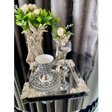 Atabey Home Collection 6'lı Kahve & Çay & Sunum Tepsisi Metal Döküm Kare Gümüş Gül Model
