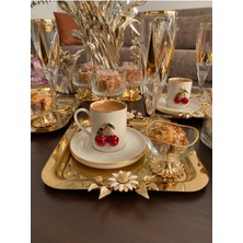Atabey Home Collection 6'lı Kahve & Çay & Sunum Tepsisi Çelik Gold Tepsi Papatya Model