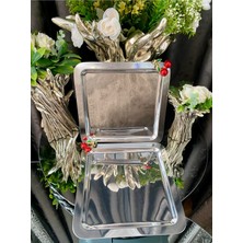 Atabey Home Collection 2 Adet Kahve & Çay & Sunum Tepsisi Metal Döküm Gümüş Tepsi Kiraz Aksesuarlı