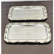 Atabey Home 2'li Full Gümüşsunum Tepsisi & Baton Pasta Servisi Çelik Tepsi Döküm Gold Çerçeve 32 cm