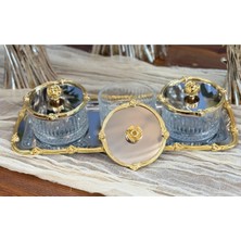 Atabey Home Collection Tepsili Gül Çerçeveli Gümüş-Gold Kase Seti & Şekerlik & Sunumluk & Çerezlik 34 cm Tepsi