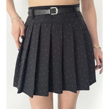 Asfa Moda Kadın Siyah Taşlı Pırıltı Iç Astar Şortlu Kemerli Pileli Etek