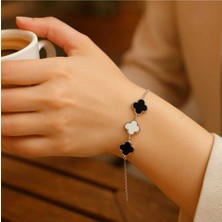 Glimz Jewelry Siyah Beyaz Çelik Yonca Bileklik