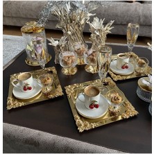 Atabey Home Collection 2'li Kahve & Çay & Sunum Tepsisi Metal Döküm Kare Gold Tepsi Gül Model