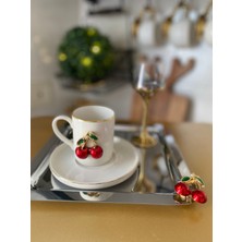 Atabey Home Collection 6 Adet Kahve & Çay & Sunum Tepsisi Metal Döküm Gümüş Tepsi Kiraz Aksesuarlı