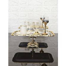 Atabey Home Collection 2 Adet Baton Gümüş Sunum Tepsisi Gold Gül Çerçeveli & Kahve & Çay Tepsisi 32CM