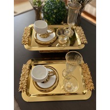 Atabey Home Collection 2 Adet Kahve & Çay & Sunum Tepsisi Uzun Gold Güllü Tepsi 30 cm