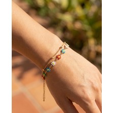 Çelik Üzerine Rengarenk Papatya Figürlü Gold Renk Çift Zincirli Kadın Bileklik