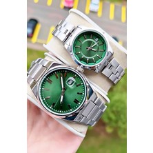 Weluxa Gümüş Renk Yeşil Kadran Takvimli Sevgili Çift Kol Saati + Saat Kutusu