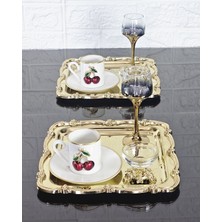 Atabey Home Collection 2 Adet Sunum Tepsisi & Kahve & Çay Tepsisi- Gold Tepsi Döküm Gold Gül Çerçeveli