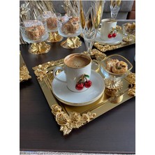 Atabey Home Collection 6'lı Kahve & Çay & Sunum Tepsisi Metal Döküm Gold Tepsi Gül Model