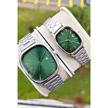 Weluxa Gümüş Renk Yeşil Kadran Takvimli Sevgili Çift Kol Saati + Saat Kutusu