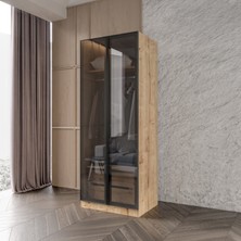 Afilli Altay 2 Çekmeceli Giyinme Dolabı LED Askılıklı Tamamı Mdf Füme Camlı