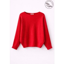 Mixray 7015 Kadın Yün Karışımlı Yarasa Kol Yumuşak Doku Triko Kazak Kırmızı