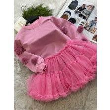 Kr Kids Butik Kız Çocuk Pembe Ponpon Detaylı Uzun Kollu Üst ve Tül Etek Takımı