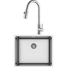 Hafele NOVARA05 Paslanmaz Çelik Eviye + Hafele Pablo Pull Paslanmaz Çelik Kuğu Spiralli Mutfak Bataryası Seti