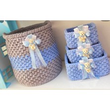 Tanin Puset Yenidoğan Odası Düzenleyici Ayıcıklı Süslemeli Sepet Takımı Mavi-Gri