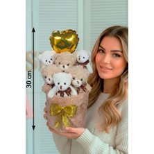 Sole Sevgililer Gününe Özel: Deluxe Krem Peluş Silindir Kutuda, Kalpli Balonlu 6’lı Boz Ayıcık Buketi - Sevdiğine Hediye