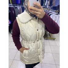 Vokalis Kadın Beli Lastikli Çıtçıtlı Angora Yakalı Kapitone Yelek