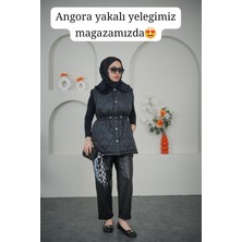 Vokalis Kadın Beli Lastikli Çıtçıtlı Angora Yakalı Kapitone Yelek