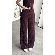 Asfa Moda Kadın Bordo Taşlı Pırıltılı Yüksek Bel Bol Paça Pileli Palazzo Pantolon